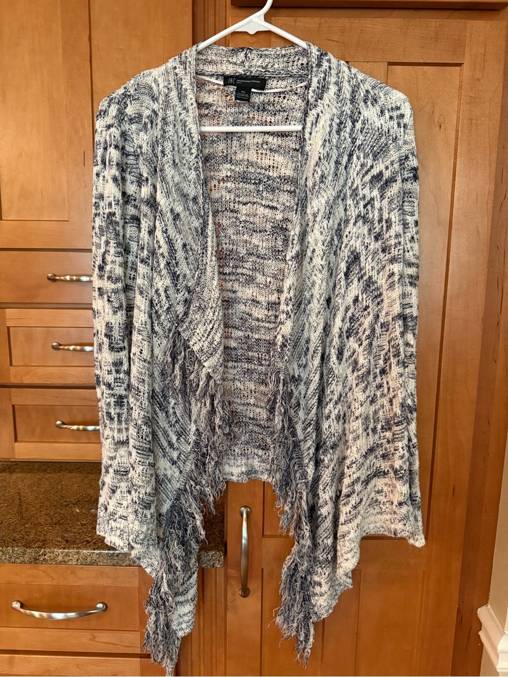 INC International Concepts Navy & White Marled Open-Front Cardigan with Fringe